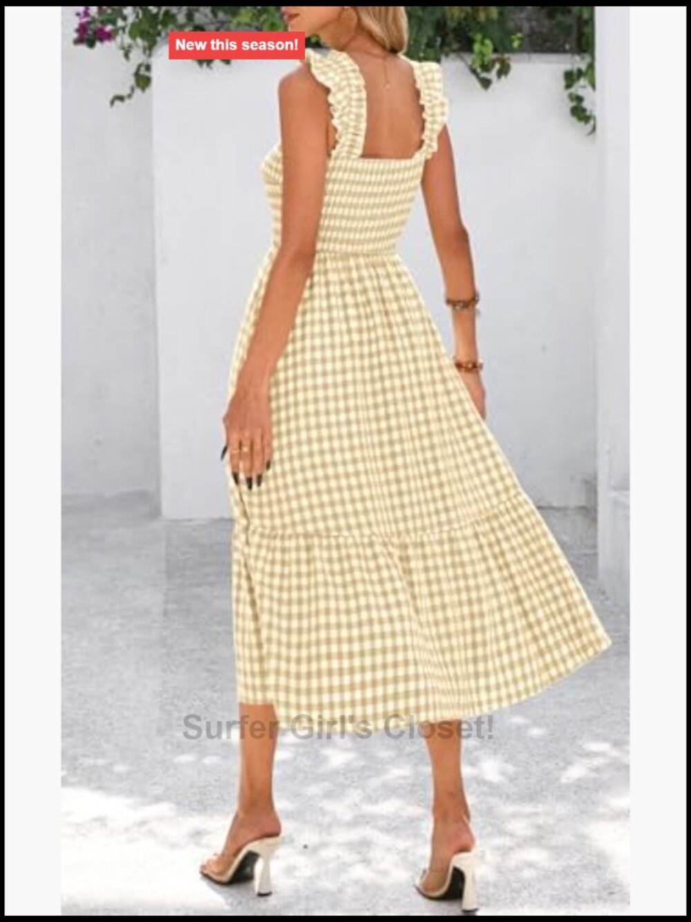 Womens Square Neck Ruffle Strap Smocked Midi Flowy A-Line Dress - Picture 2 of 7